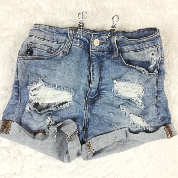 Kancan Womens Shorts Denim‎ Rolled Cuff Ripped Light Wash Mid Rise Stretch 26 - Picture 1 of 8